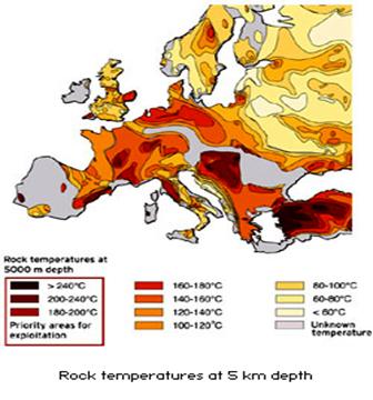 Map of Europe showing rock temperatures at 5 Km depth