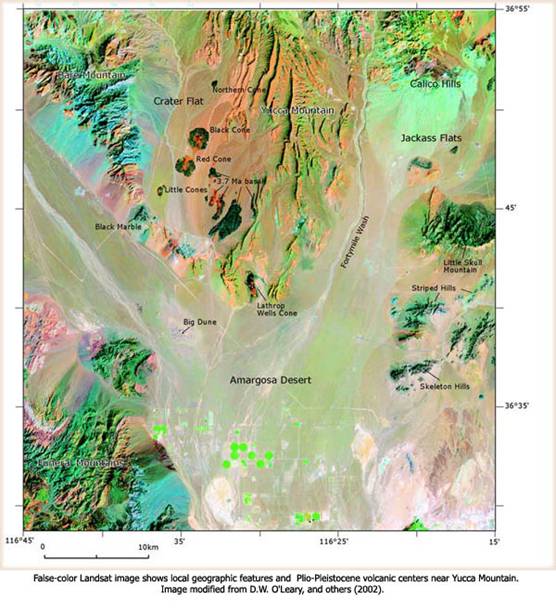 False-color Landsat image showing local geographic features and Plio-Pleistocene volcanic centers near Yucca Mountain.
