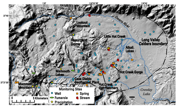 Hydrologic monitoring sites in Long Valley caldera, California.